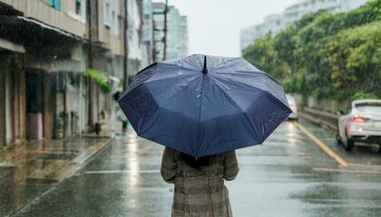 비 오는 거리에서 우산을 쓰고 혼자 걷는 사람의 뒷모습