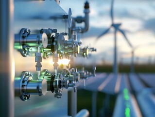 close-up view of a green hydrogen production facility, highlighting the intricate network of pipes and valves that control the flow of this clean energy source.