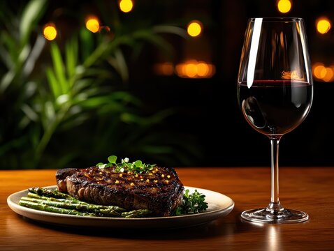 Grilled steak and red wine dinner cozy restaurant food photography romantic ambiance close-up shot culinary indulgence