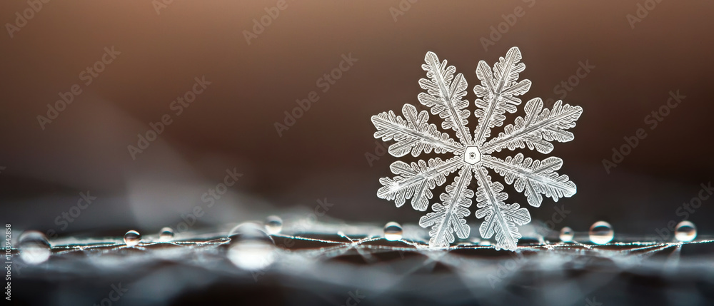 Poster a delicate snowflake rests on a thin thread, surrounded by tiny droplets, showcasing intricate detai