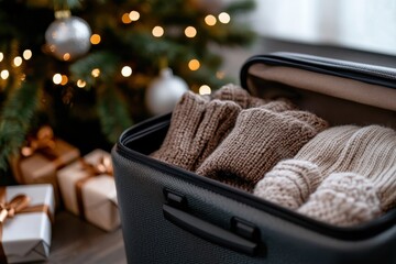 A suitcase filled with neatly folded sweaters sits beside a Christmas tree adorned with twinkling lights, evoking feelings of warmth and holiday spirit.