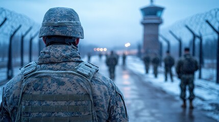 The image showcases a soldier standing guard in a cold prison environment, symbolizing vigilance and the harsh realities faced by those in service, capturing a moment of reflection and duty.