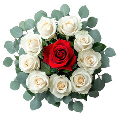 Obraz premium Red rose centerpiece, surrounded by white roses, eucalyptus leaves, symbolizing love, purity, balance, arranged harmony. Isolated on white background or PNG