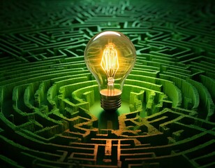 Une ampoule lumineuse au centre d’un labyrinthe vert, symbolisant une idée ou une solution trouvée dans un problème complexe, sur fond blanc.