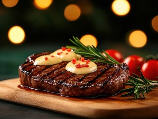 Sizzling grilled steak with garlic butter cozy restaurant food photography warm atmosphere close-up culinary delight