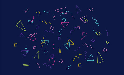 Bright neon confetti explosion on dark blue background. Festive banner with geometric elements. Style 80-90. Retro neon confetti banner. For birthday celebrations, holidays, and party decorations