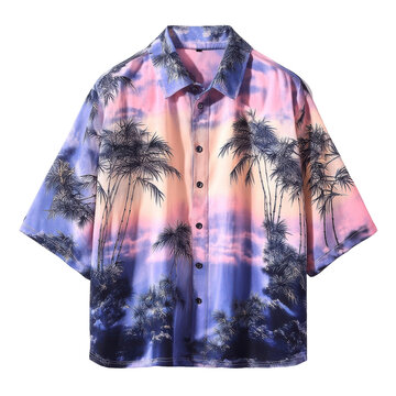 recommend clip art: Palm Sunset Shirt Vibrant tropical scene with palm trees against a sunset gradient of pink orange and blue hues Isolated on white background or PNG