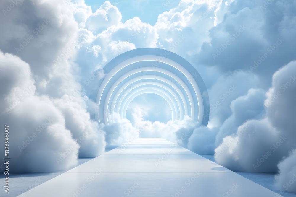 Aufkleber abstract minimalist 3d rendering of blue background with white clouds emerging from tunnel