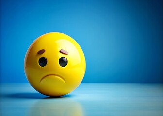 Fototapeta premium Vibrant Yellow Emoticon with Sorrowful Expression Against Calm Blue Background, Capturing Deep Sadness and Introspection in a Thought-Provoking Concept
