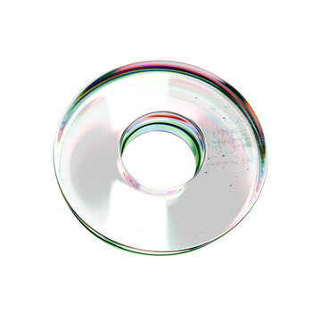 Transparent Glass Donut Ring with Iridescent Rainbow Reflection on White Background