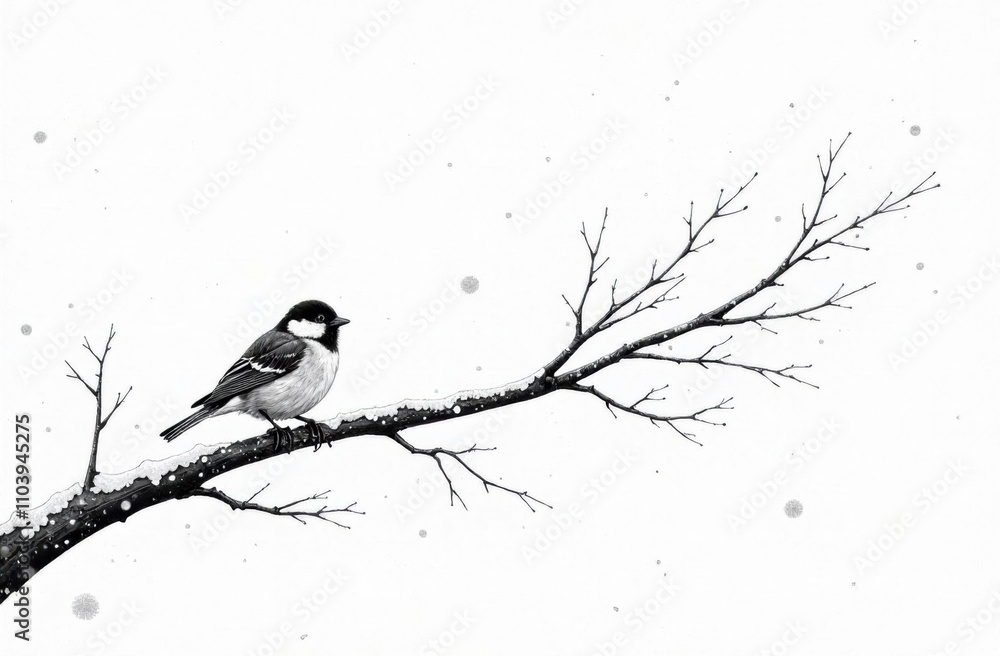 Poster a small bird rests on a bare tree branch dusted with snow, surrounded by a peaceful, snowy atmospher