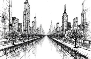 A tranquil view of a city skyline features tall buildings reflected in still water with trees lining the riverbank under a twilight sky. Generative AI