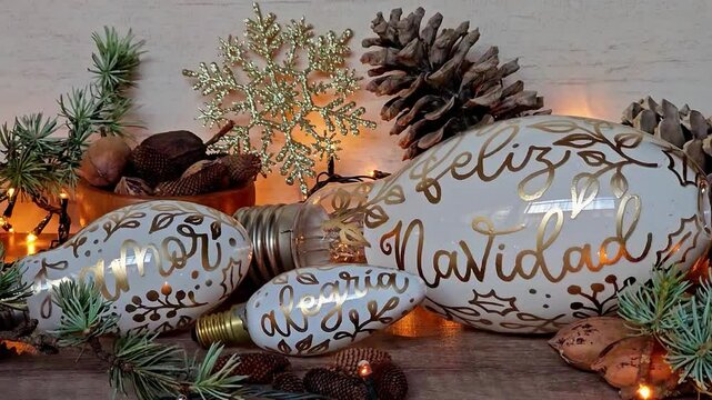 Decoraci&oacute;n de Navidad hecha a mano con focos reciclados, pi&ntilde;as, ramas de pino, luces. Handlettering: feliz navidad, amor y alegr&iacute;a. DIY