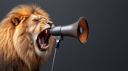 A majestic lion with a flowing mane roars into a megaphone, embodying strength and authority against a dark backdrop. powerful message, important announcement