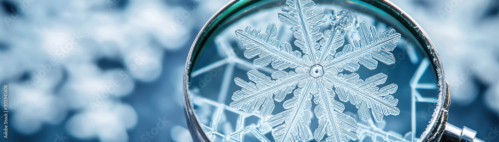 Poster a close-up view of a snowflake magnified, showcasing intricate patterns against a blurred blue backg