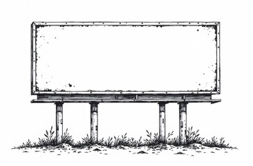 Obraz premium The location features an empty billboard supported by wooden poles, surrounded by grass and dirt, under a blue sky with no clouds. Generative AI