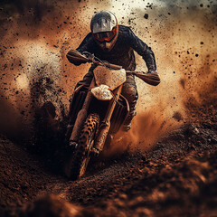 Rider performs dirt bike stunts on a motocross track during sunset
