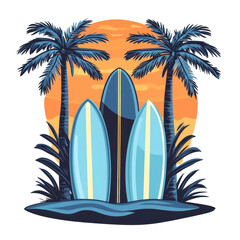 Tropical surfboards sunset, tall palm trees, vibrant orange sky, coastal paradise vibes, relaxing beach scene. Isolated on white background or PNG