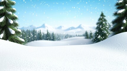 A serene winter landscape featuring snow-covered hills, evergreen trees, and a clear blue sky with gentle snowfall.