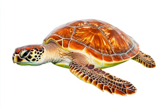 A vibrant sea turtle swims gracefully, showcasing its colorful shell and intricate patterns against a white backdrop.