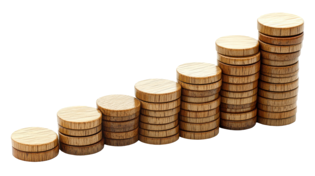 Stacked Wooden Coins Growth Progression Isolated on white background or PNG