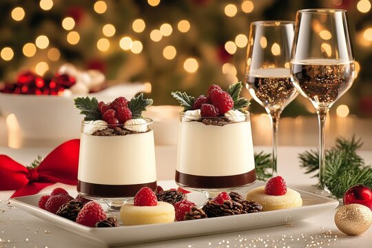  Postres elegantes con capas de crema y chocolate, decorados con frambuesas frescas, servidos junto a copas de champ&aacute;n en un ambiente festivo.
