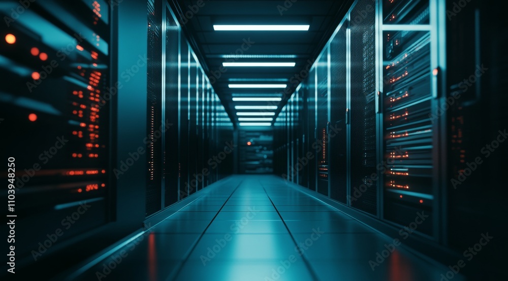 Poster futuristic data center featuring networked computers and server racks for virtual reality technology