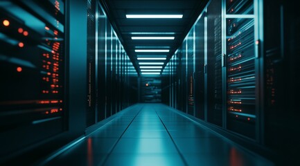 Fototapeta premium Futuristic data center featuring networked computers and server racks for virtual reality technology