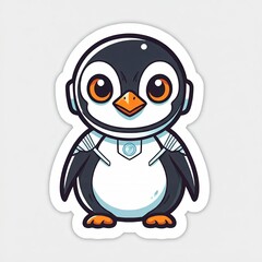 Obraz premium A chibi African penguin superhero with a black and white suit, sporting a small futuristic helmet and glowing eyes. The penguin’s body is sleek and rounded, with exaggerated chibi features like tiny f