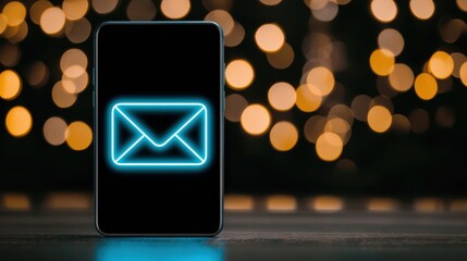 A smartphone displays a glowing email icon against a blurred bokeh background, suggesting digital communication and connectivity.