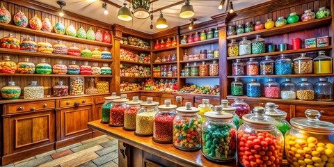 Naklejka premium Vintage Candy Store with Colorful Candies in Jars - A Charming Retro Experience Full of Nostalgia and Sweet Delights