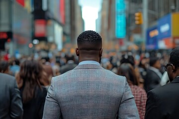 New York City Street Back View of Man in Suit, High-Rise Perspective