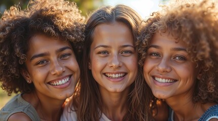 A close portrait of young friends of different ethnicities enjoying together.