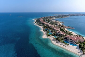 A tranquil aerial view capturing the luxurious residences along a pristine coastline, highlighting the seamless blend of nature and modern living in a beautiful coastal environment.