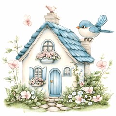 Cute watercolor blue cottage clipart