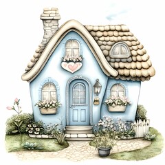 Cute watercolor blue cottage clipart