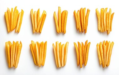 Stacked Yellow French Fries Arranged Neatly on White Background