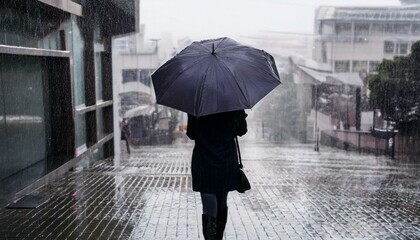 비 오는 거리에서 우산을 쓰고 혼자 걷는 사람의 뒷모습