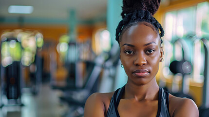 Fototapeta premium Kenyan woman feeling self-conscious during a workout at the gym