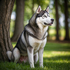 Fototapeta premium A full-body portrait of a Siberian Husky mother standing proudly on grass, with a blurred green tree background.