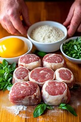  Carne picada y hierbas frescas listas para cocinar, acompañadas de harina, huevo y queso.
