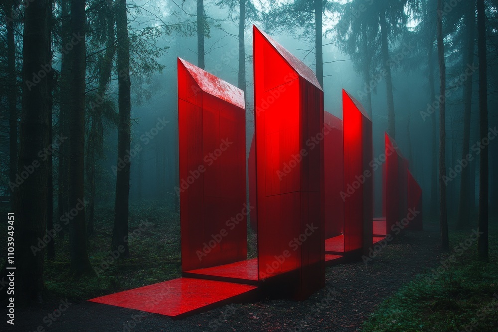 Poster futuristic architecture striking red geometric structures amidst a mysterious misty forest