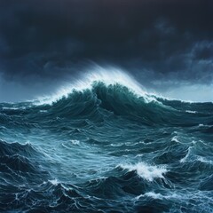 Fototapeta premium Powerful Ocean Waves Crashing Against a Dark Stormy Sky