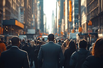 NYC Businessman Walking, Daytime Cityscape Crowd