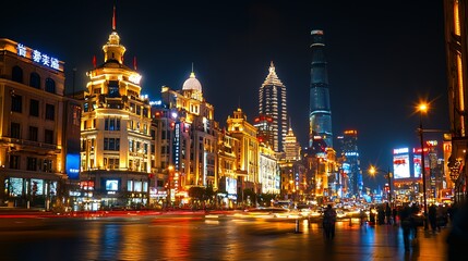Obraz premium A vibrant city skyline illuminated at night, showcasing modern architecture and bustling streets.