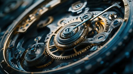 Macro shot of intricate mechanical watch gears with golden and metallic details