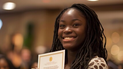 A young woman proudly holds a certificate, smiling at a celebratory event.