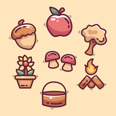 Set of cute autumn icons in doodle style. Vector illustration