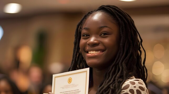 A young woman proudly holds a certificate, smiling at a celebratory event.