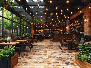 A clean white billboard in a lively outdoor cafe setting with people enjoying coffee and conversation